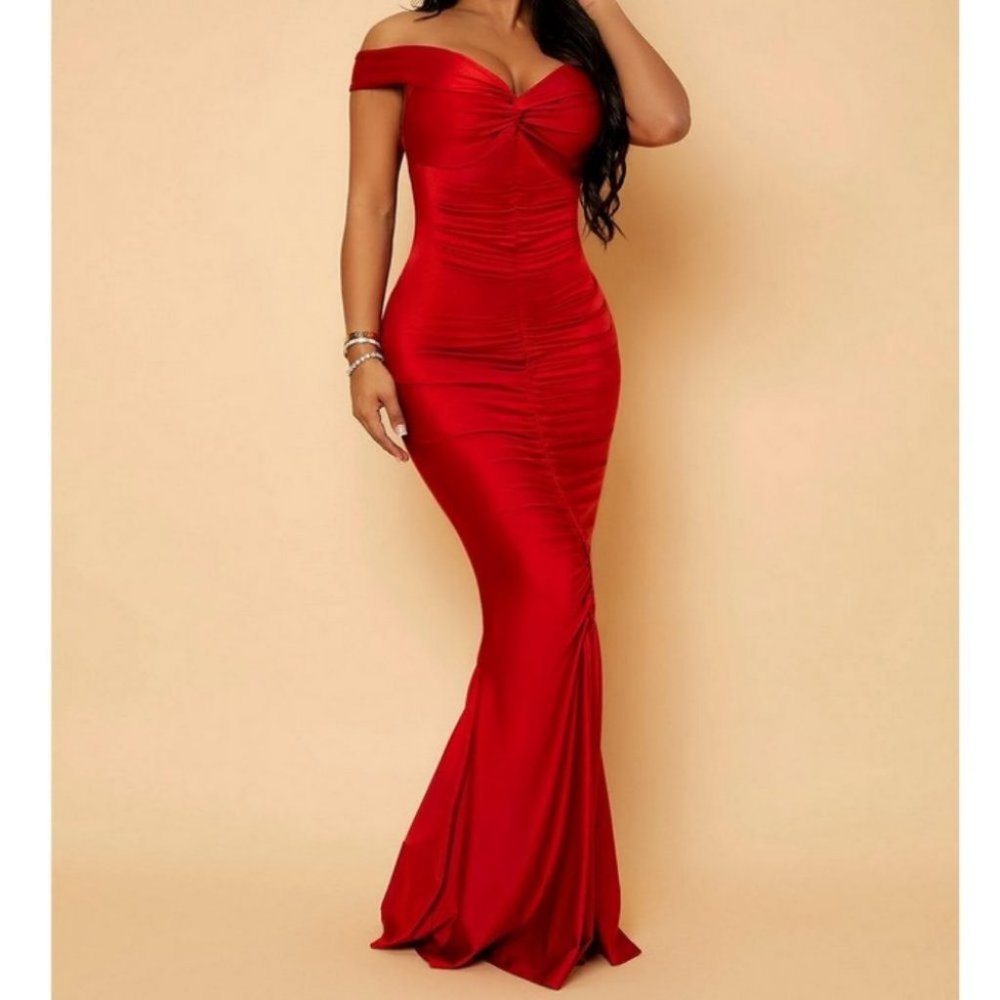 twist front runched off shoulder maxi dress red